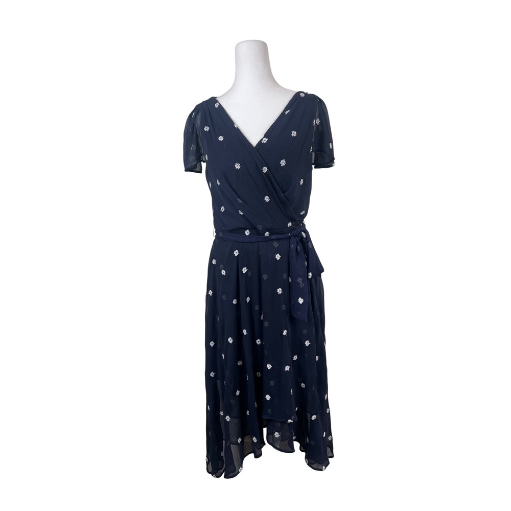 DKNY Womens Navy Blue Embroidered Daisy Wrap Midi Dress Daisy Romantic Size 10